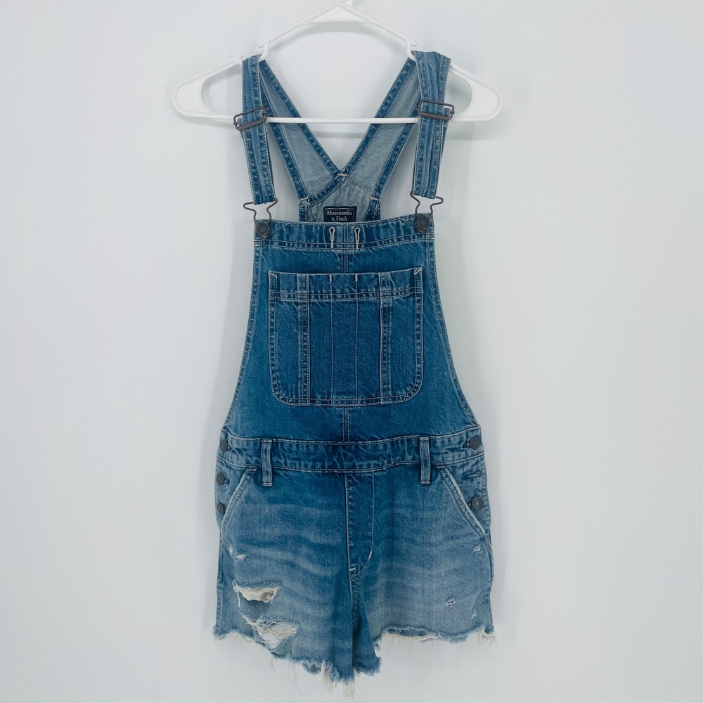 Abercrombie & Fitch Distressed Denim Shortalls Medium Wash Raw Hem Small
